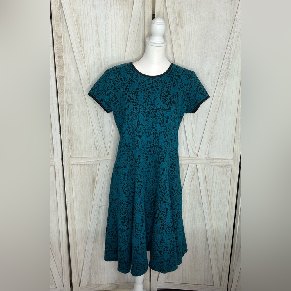 EUC Blair Teal Black Midi Dress Paisley Damask sz M crew neck fit & flair moody - Picture 3 of 11